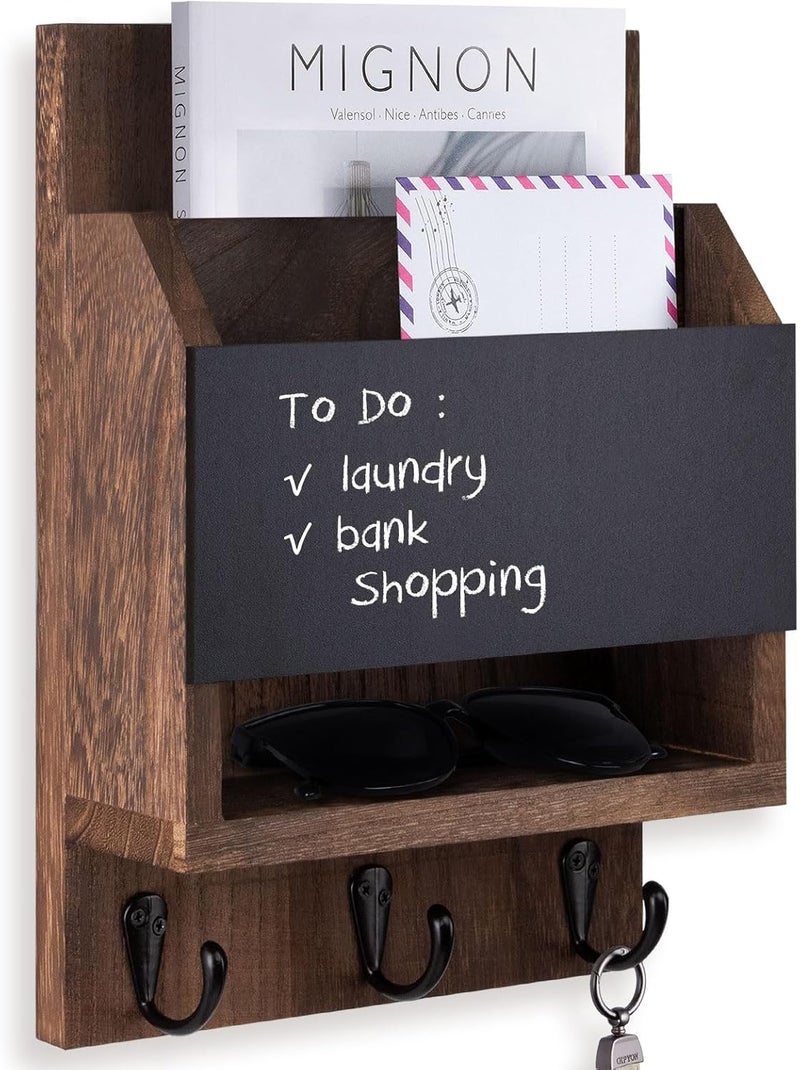 Lucundm Key and Mail Holder for Wall, Key Holder with Chalkboard and Long Storage Box, Key Hanger with 3 Sturdy Hooks for Coat, Dog Leash, Entryway Mail Organizer (Brown) - Image 1